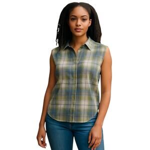 Tommy Hilfiger Sleeveless Plaid Blouse Blue & Green Size 12 Petite
